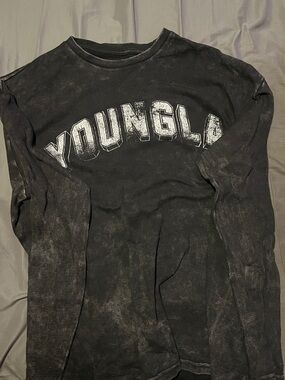 YoungLA Black Long-Sleeve Graphic Tee with White Distressed Logo